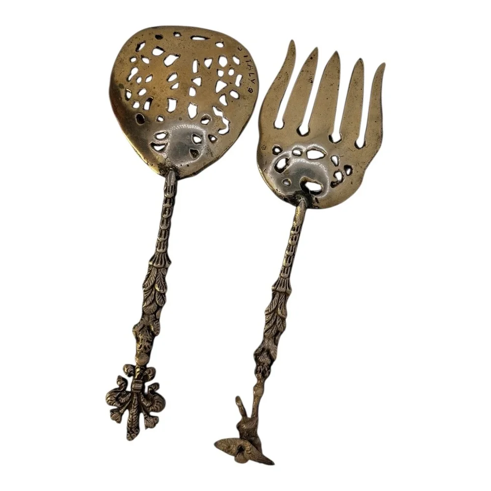 Vintage‎ Silver Plated Salad Serving Set Fork Spoon Cherub Made in Italy Ornate